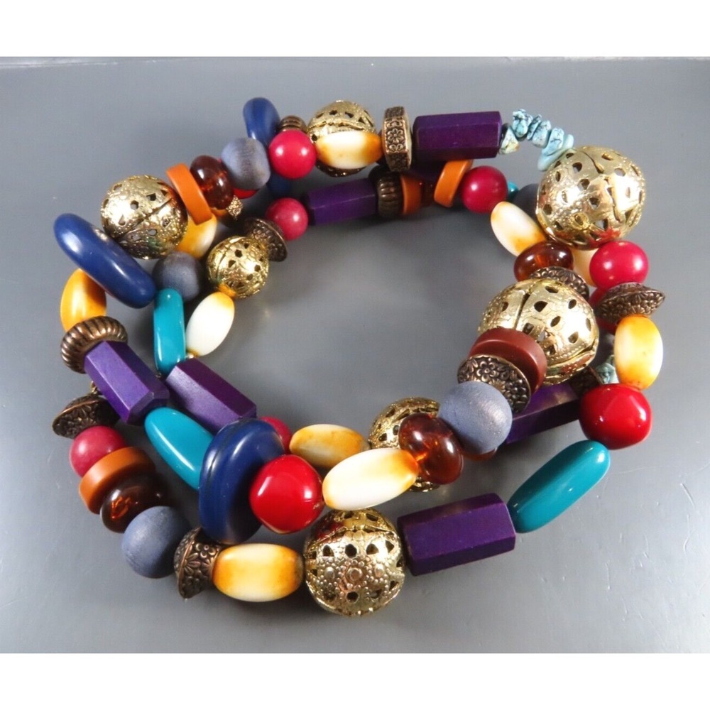 VTG DAUPLAISE Beaded Necklace MULTI-COLOR Gold/Bronze TURQUOISE RED PURPLE BLUE